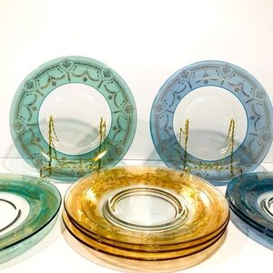 Vintage Glass Plates with Gold Trim Set of 8 Salad Plates Very Rare 8”